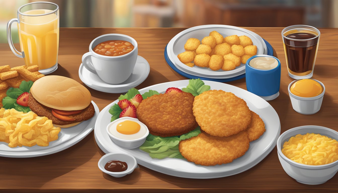 A table set with Hardee's breakfast items, including vegetarian options like biscuits, hash browns, and fruit, with a warm, inviting atmosphere