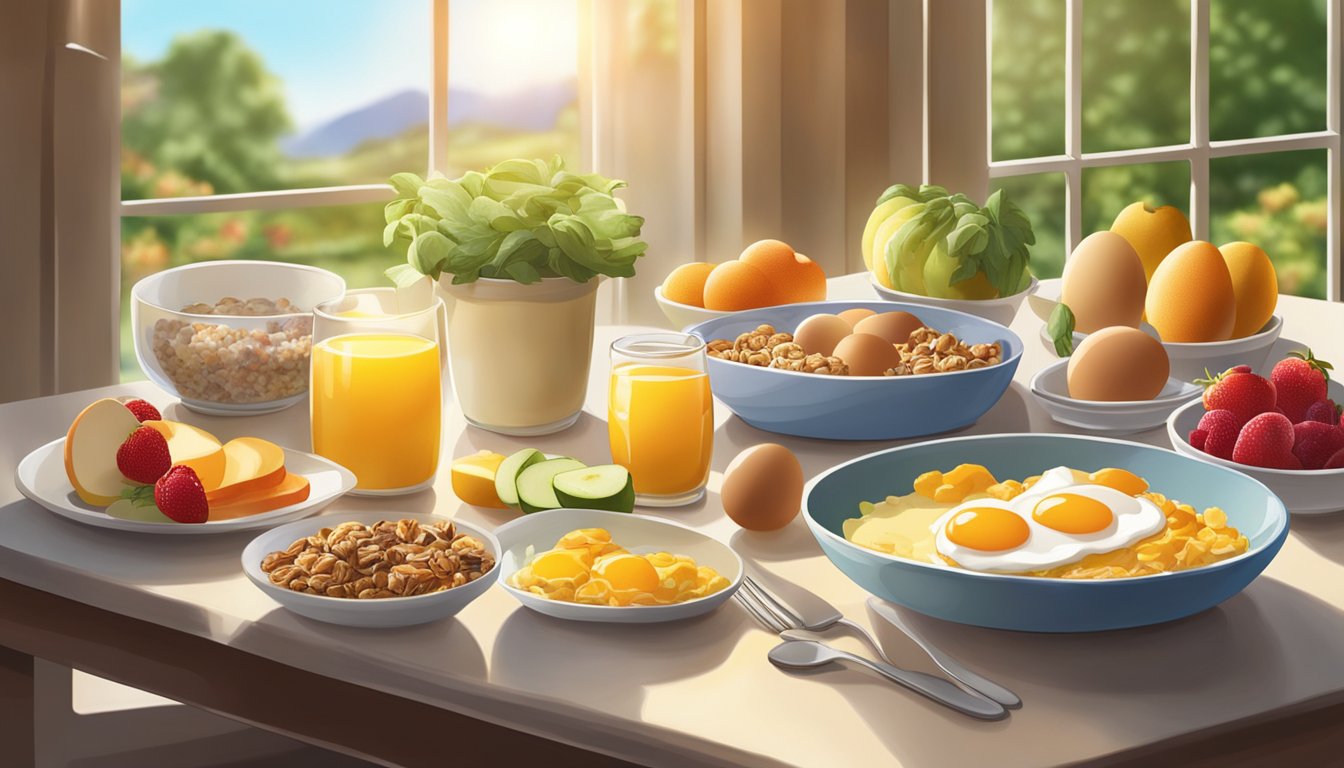 A table set with a variety of vegetarian breakfast options, including fresh fruits, yogurt, granola, and eggs. Sunshine streams in through a window, casting a warm glow on the scene