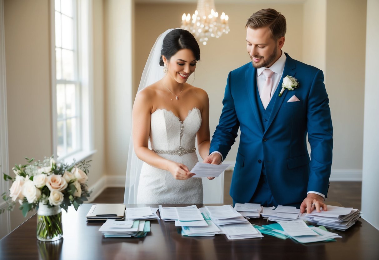 A bride and groom standing at a table, sorting through bills and receipts, with a wedding planner offering guidance