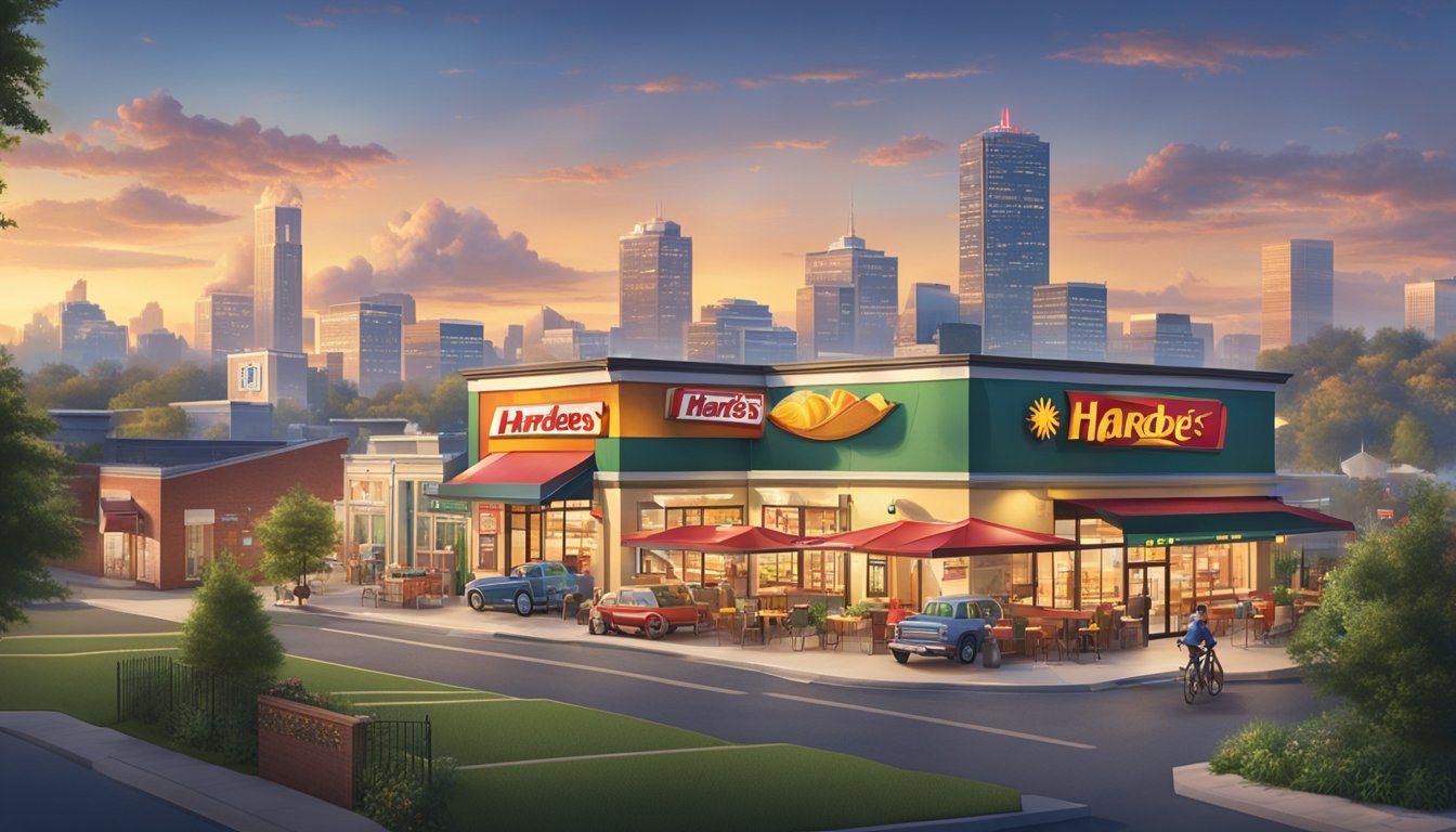 A bustling city skyline with a prominent Hardee's restaurant, surrounded by smaller towns and rural areas. The sun rises in the background, symbolizing the brand's expansion into new territories