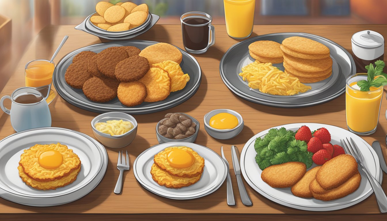 A table set with a variety of vegetarian breakfast options, including biscuits, hash browns, and fruit, with a Hardee's logo in the background