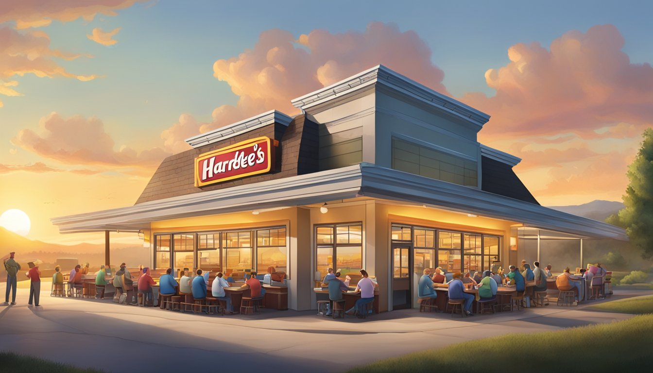 A bustling Hardee's restaurant at sunrise, surrounded by rolling hills and a small town, with a line of customers eagerly waiting to try the new breakfast menu