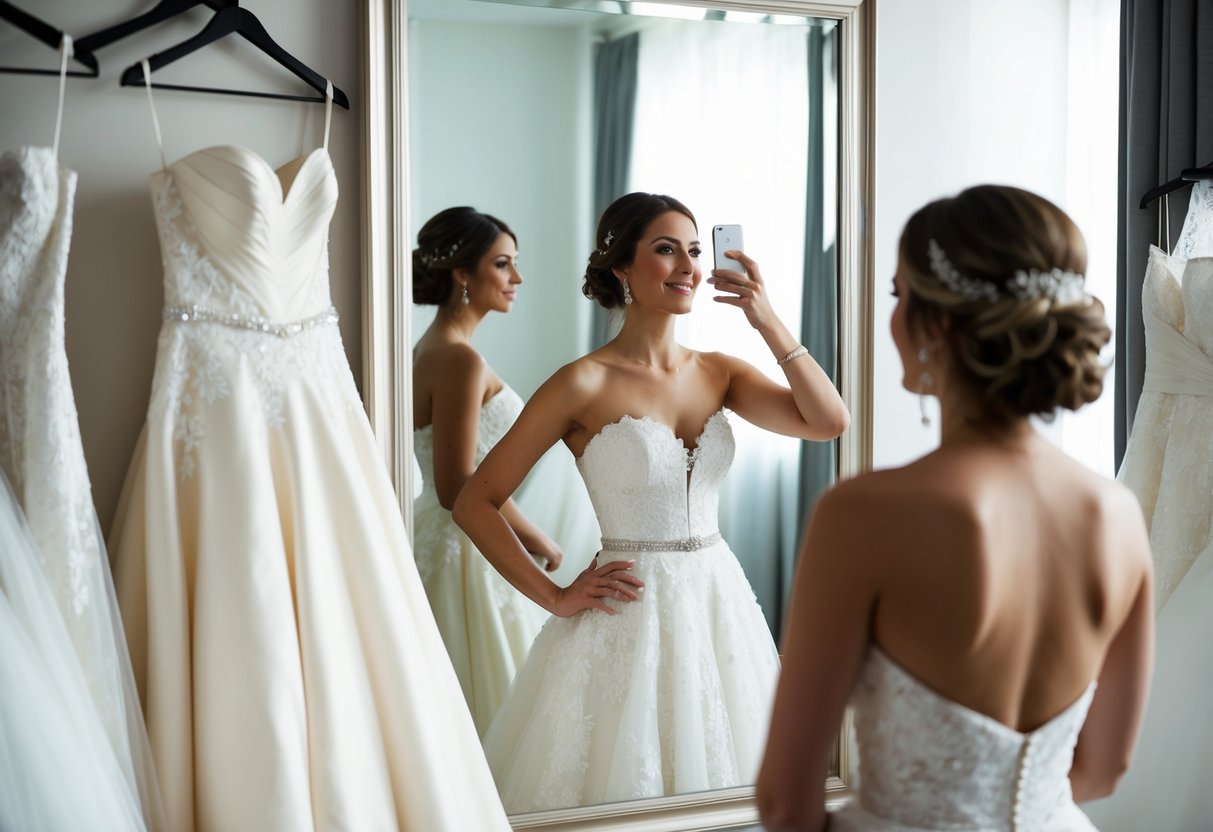 A woman surrounded by wedding dresses, admiring herself in the mirror