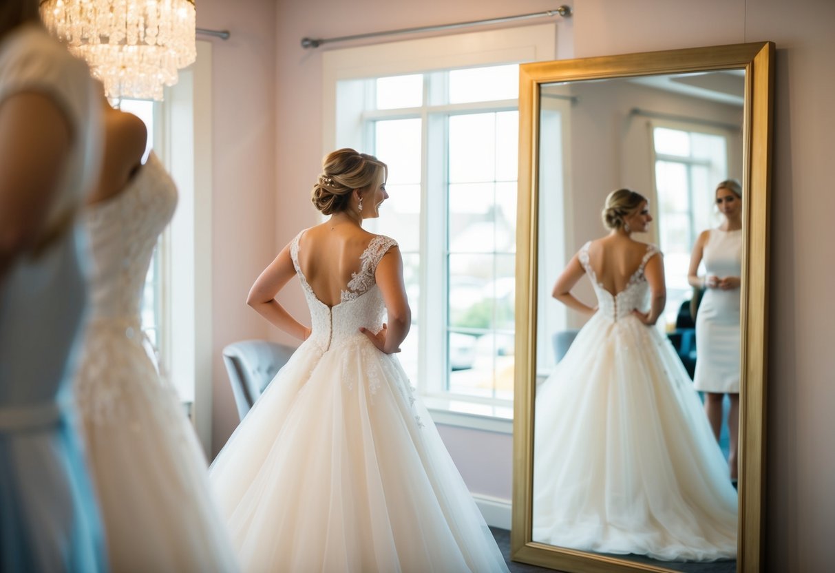 A bride trying on wedding dresses in a boutique with soft lighting and a mirror