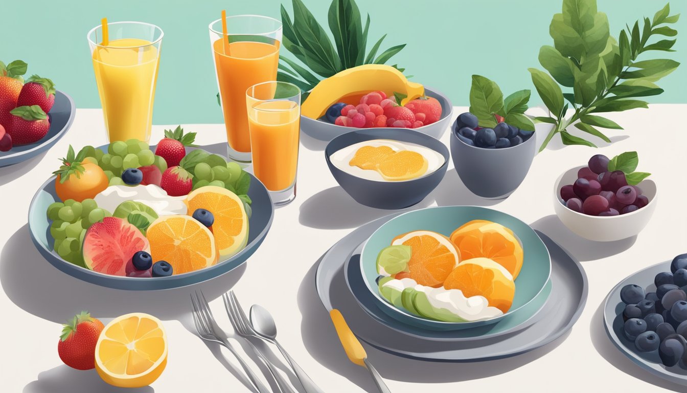 A colorful breakfast spread with plant-based options, fruits, and fresh juices on a modern table setting