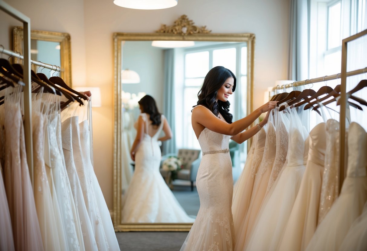 A woman browsing through racks of wedding dresses, surrounded by mirrors and soft lighting in a bridal boutique