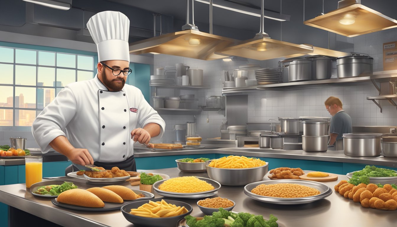 A chef experimenting with new breakfast menu items in a bustling Hardee's kitchen, surrounded by fresh ingredients and cooking utensils