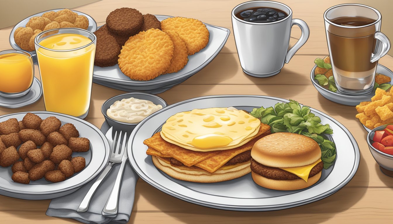 A table set with a variety of vegetarian breakfast options from Hardee's, including biscuits, hash browns, and fruit