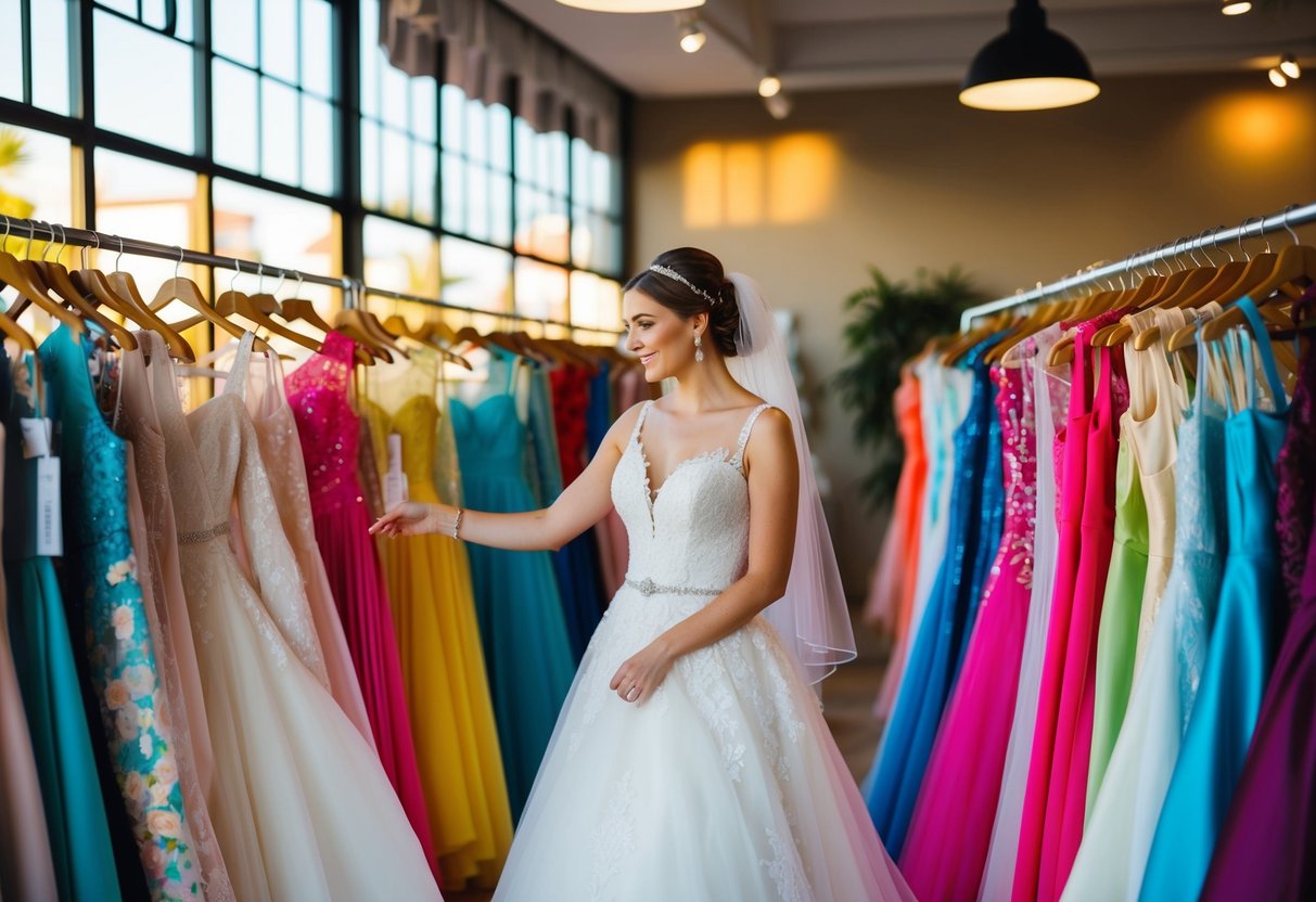 A bride surrounded by colorful wedding dresses, browsing through racks in a boutique with large windows letting in warm sunlight