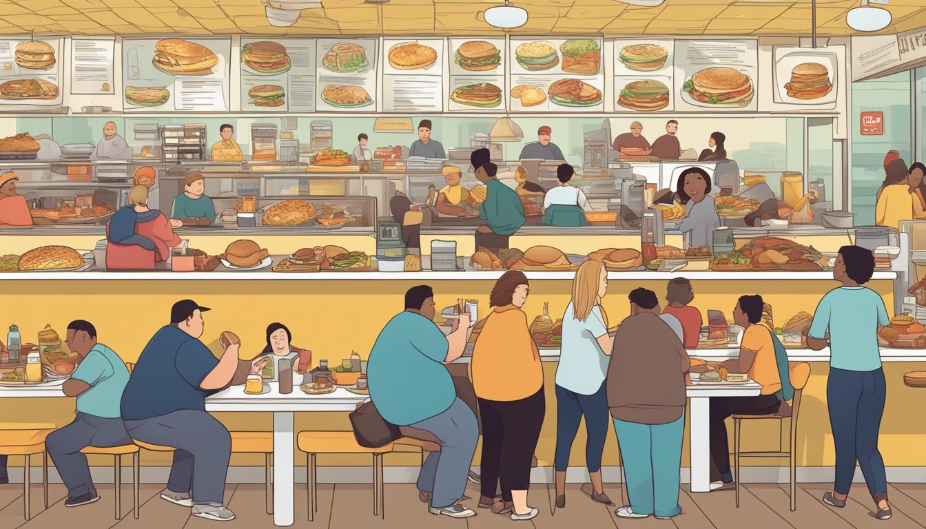 A crowded fast-food restaurant with oversized breakfast meals and a line of customers, juxtaposed with images of overweight individuals and statistics on obesity