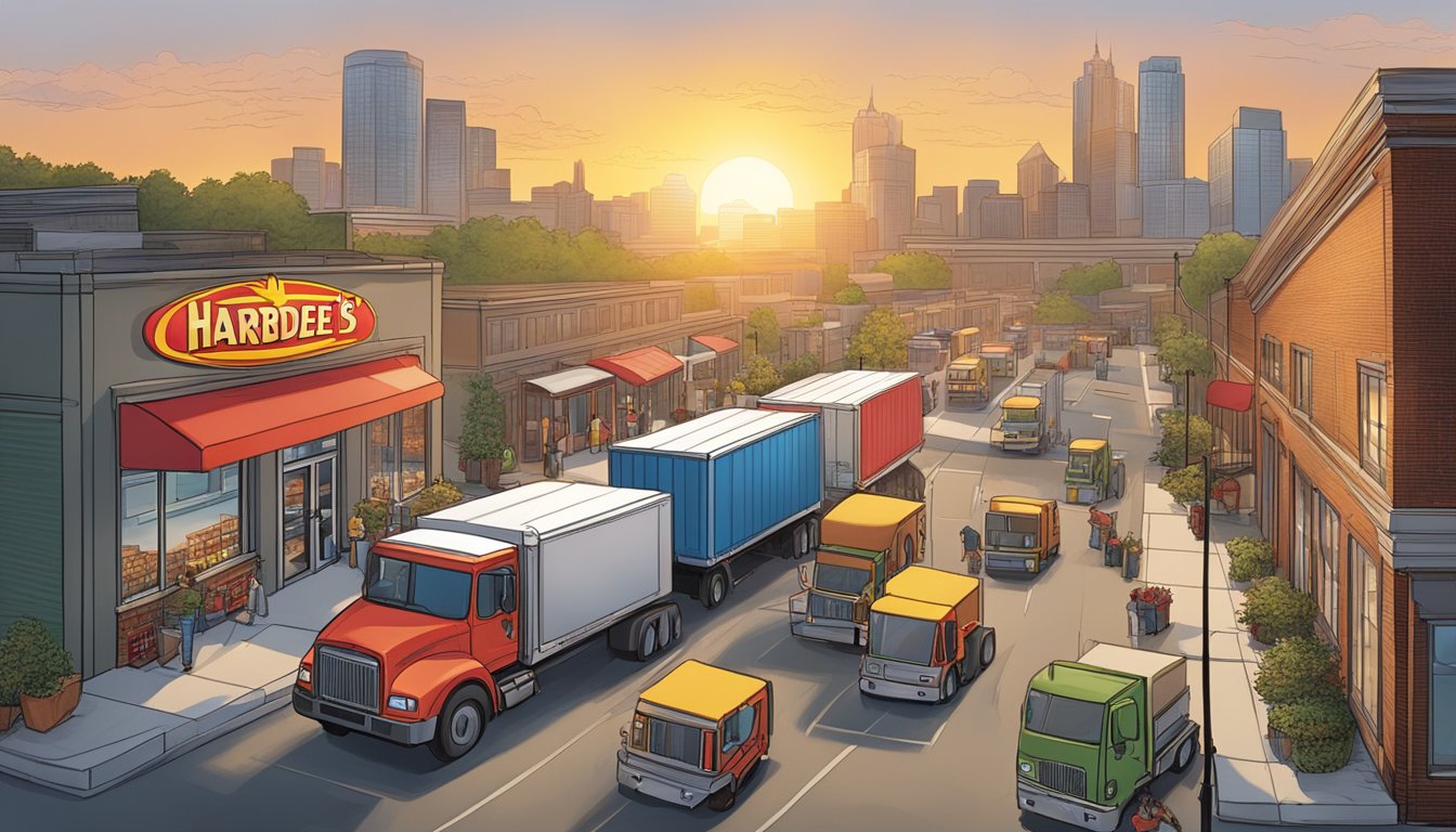 The sun rises over a bustling city as delivery trucks unload fresh ingredients at a Hardee's location, signaling the start of a new breakfast expansion