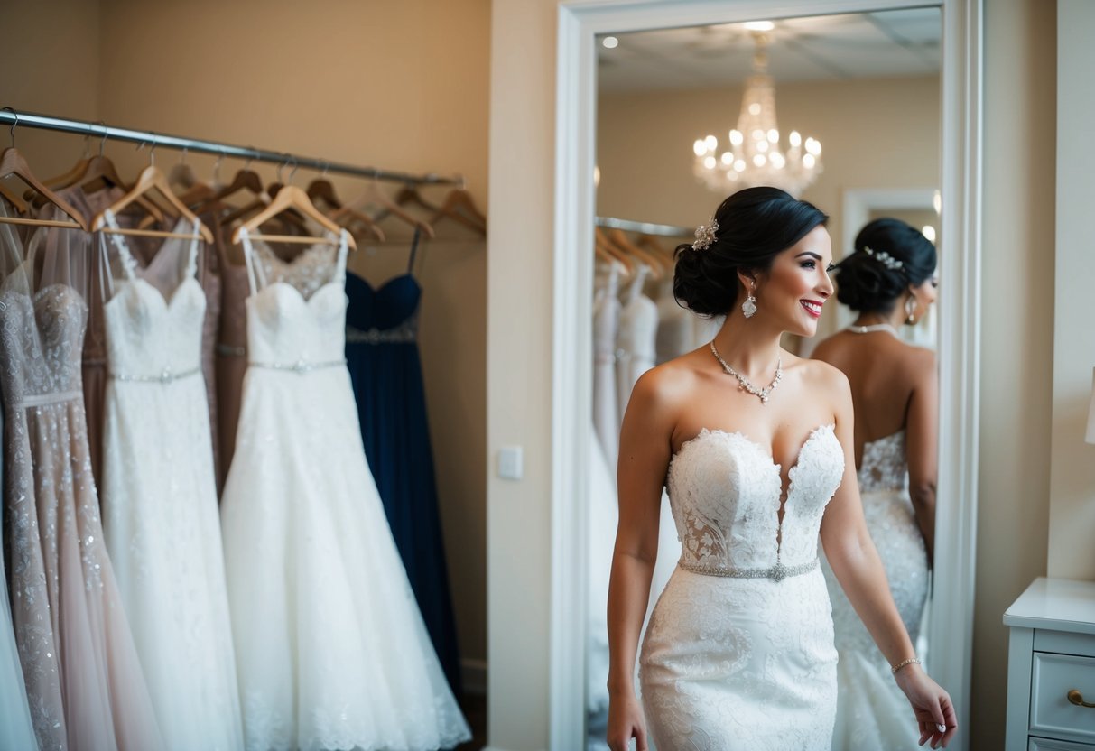 A woman tries on wedding dresses in a boutique, surrounded by racks of gowns and mirrors. She looks at herself in the dress, imagining her dream wedding