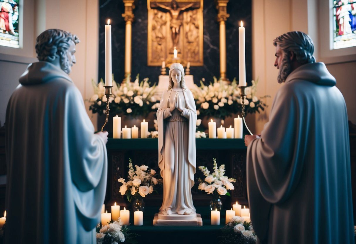 A figure stands before an altar, facing another figure. Both are surrounded by flowers and candles. The atmosphere is serene and intimate