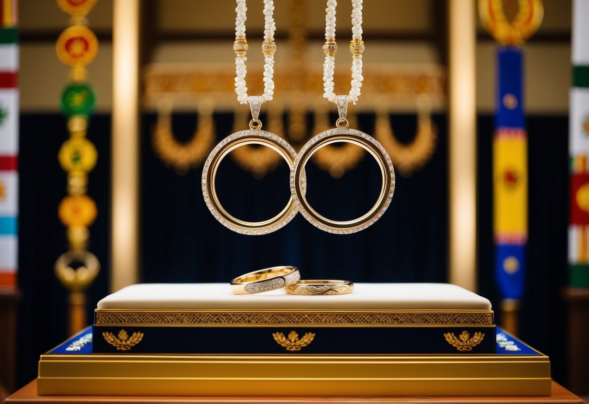 A pair of intertwined rings suspended above a ceremonial platform, surrounded by symbolic elements representing different cultural wedding traditions