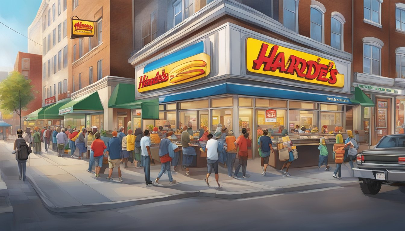 A bustling Hardee's breakfast restaurant with a line of customers out the door, surrounded by vibrant, busy city streets