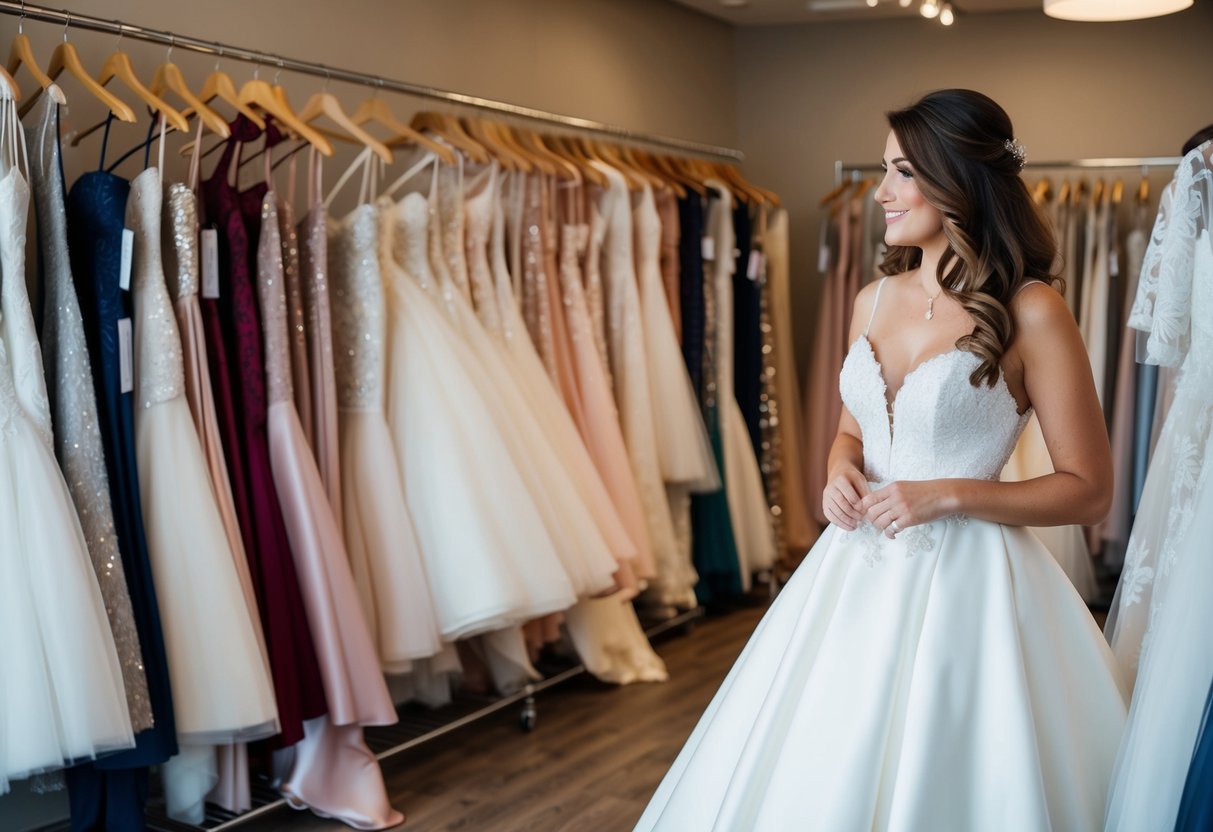 A woman browsing through wedding gowns at a bridal boutique, surrounded by racks of dresses in various styles and colors