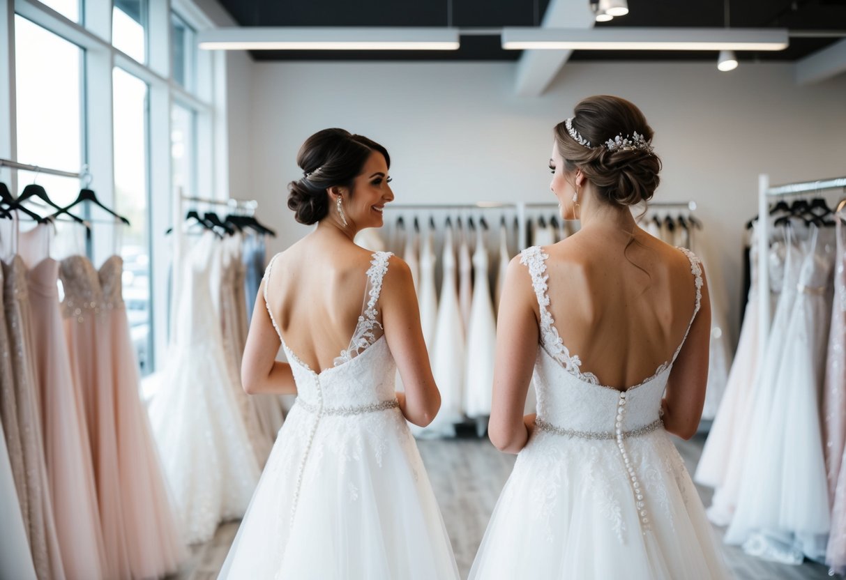 A bride trying on wedding dresses in a bright, airy bridal salon with racks of gowns in the background