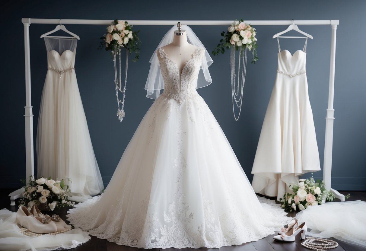 A beautifully adorned wedding dress on a mannequin, surrounded by elegant accessories such as veils, jewelry, and shoes