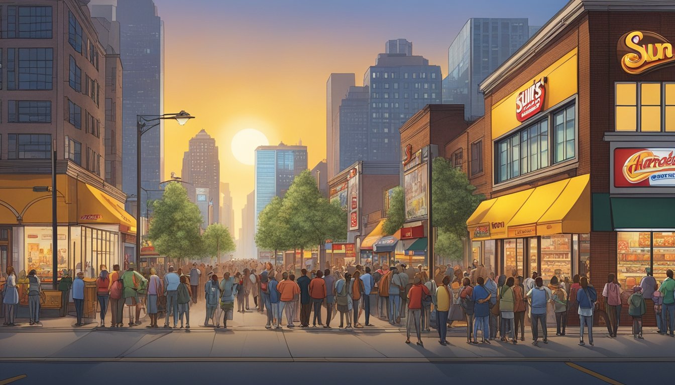 The sun rises over a bustling city skyline, with Hardee's breakfast items prominently featured on towering billboards and storefronts. A line of eager customers stretches around the block, eagerly awaiting the franchise's grand opening