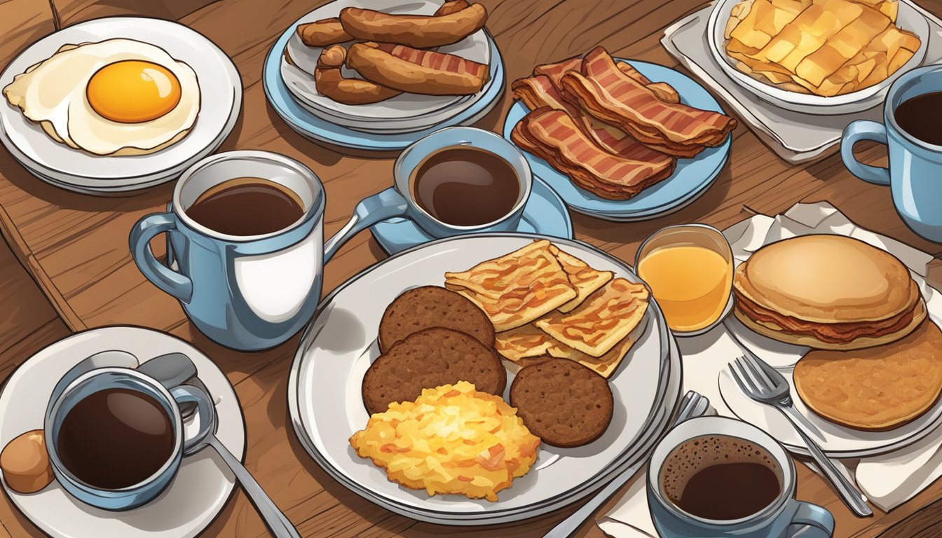 A table set with a variety of breakfast items: biscuits, eggs, bacon, sausage, hash browns, and coffee. A warm, inviting atmosphere