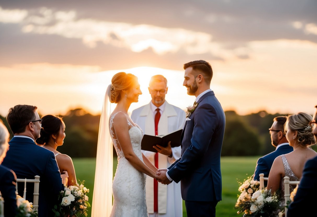 A groom stands at the altar, facing his bride. The sun sets behind them, casting a warm glow over the scene