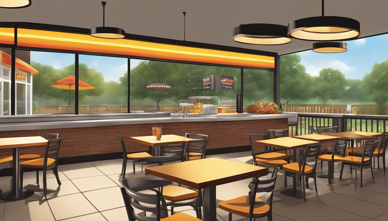 The sun rises over a Hardee's restaurant, casting a warm glow on the outdoor seating area. The aroma of sizzling bacon and freshly brewed coffee fills the air, while the sound of sizzling griddles and friendly chatter from customers creates a lively atmosphere