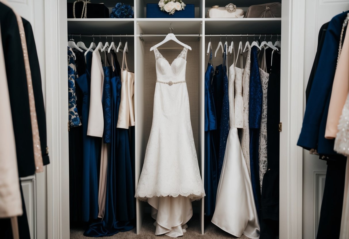 A closet filled with a neatly hung wedding dress, surrounded by other formal attire and accessories