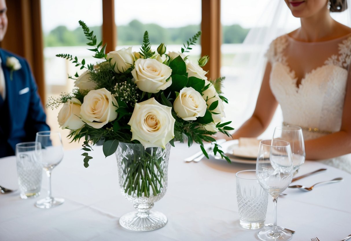 A bouquet of white roses and greenery sits in a crystal vase on the table next to the bride