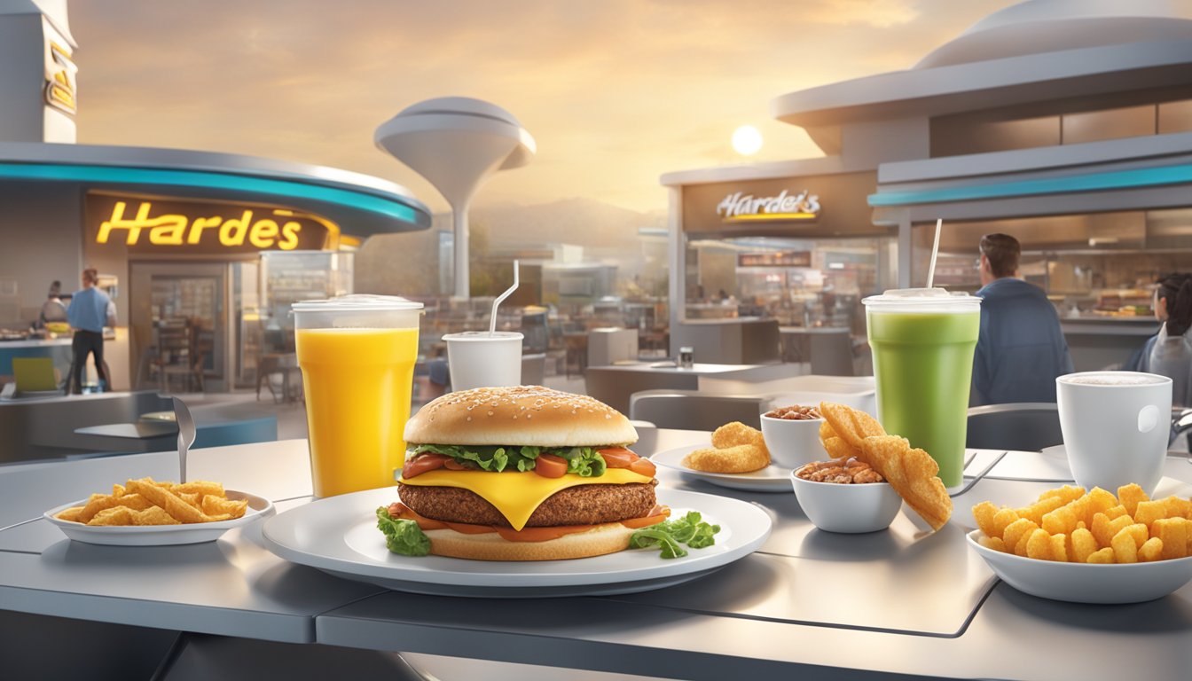 A futuristic breakfast scene with innovative food items and advanced technology for Hardee's