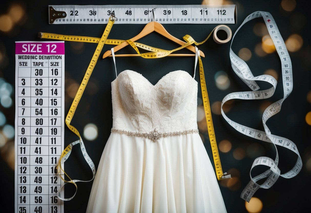 A size 12 wedding dress hanging on a mannequin, surrounded by measuring tape and a size chart