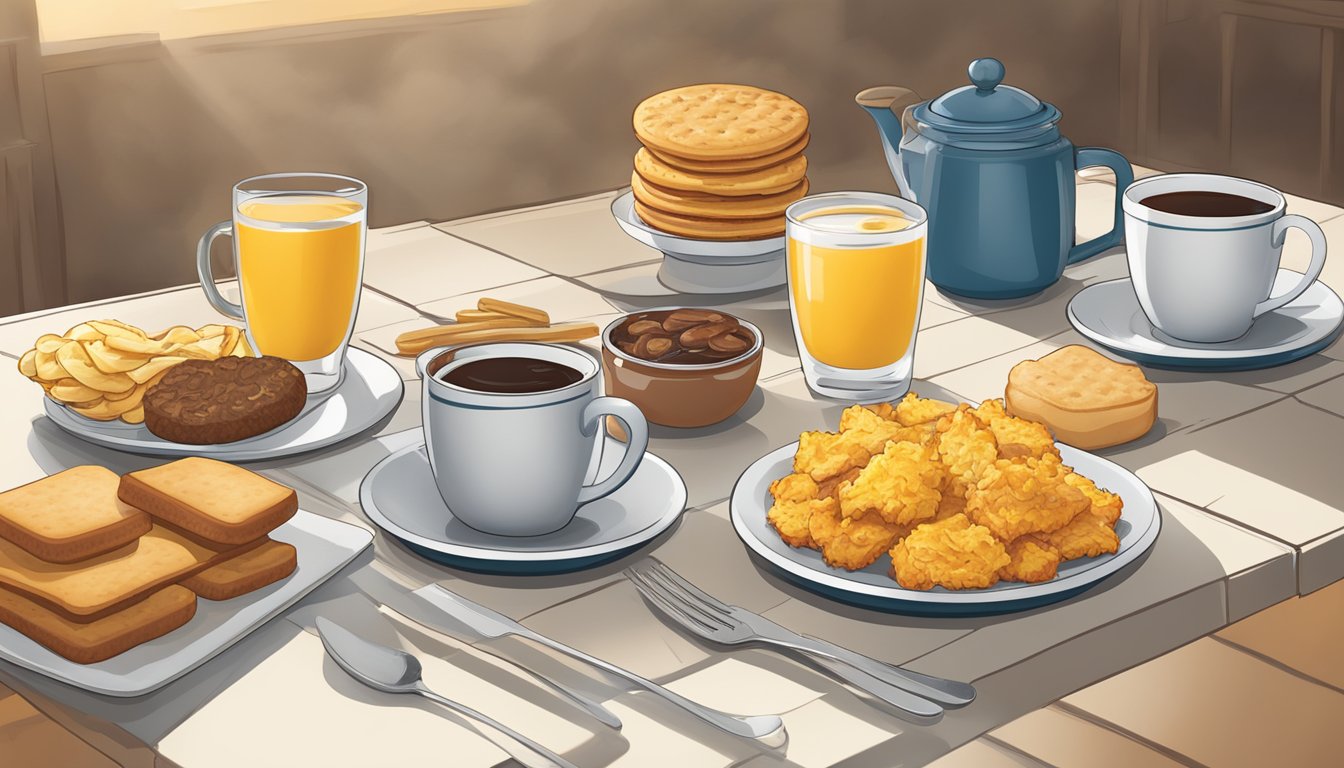 A table set with a spread of Hardee's breakfast items, including biscuits, eggs, sausage, and hash browns, with a steaming cup of coffee