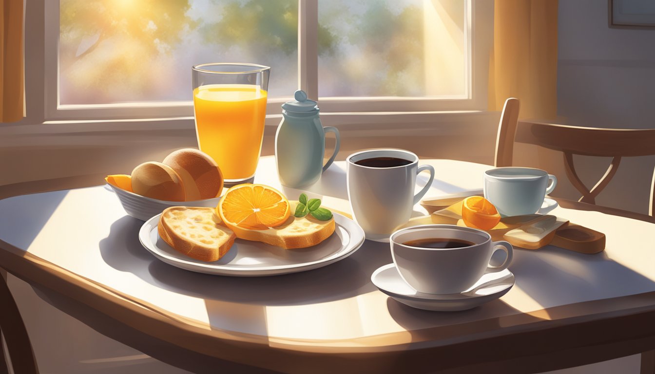 A table set with a platter of breakfast items, a steaming cup of coffee, and a glass of orange juice. Sunlight streams through a window onto the scene