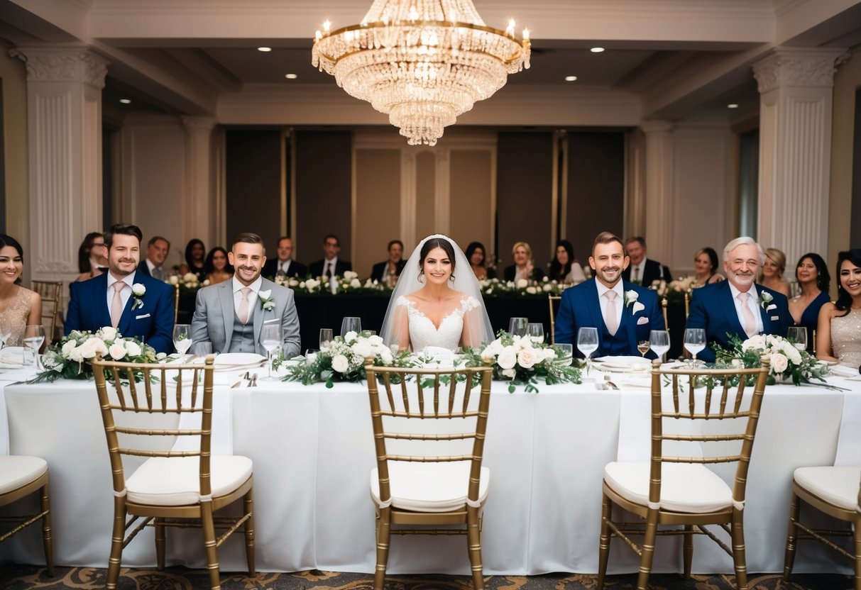 A beautifully decorated top table with a prominent seat for the bride, flanked by elegant chairs for the groom and other important guests