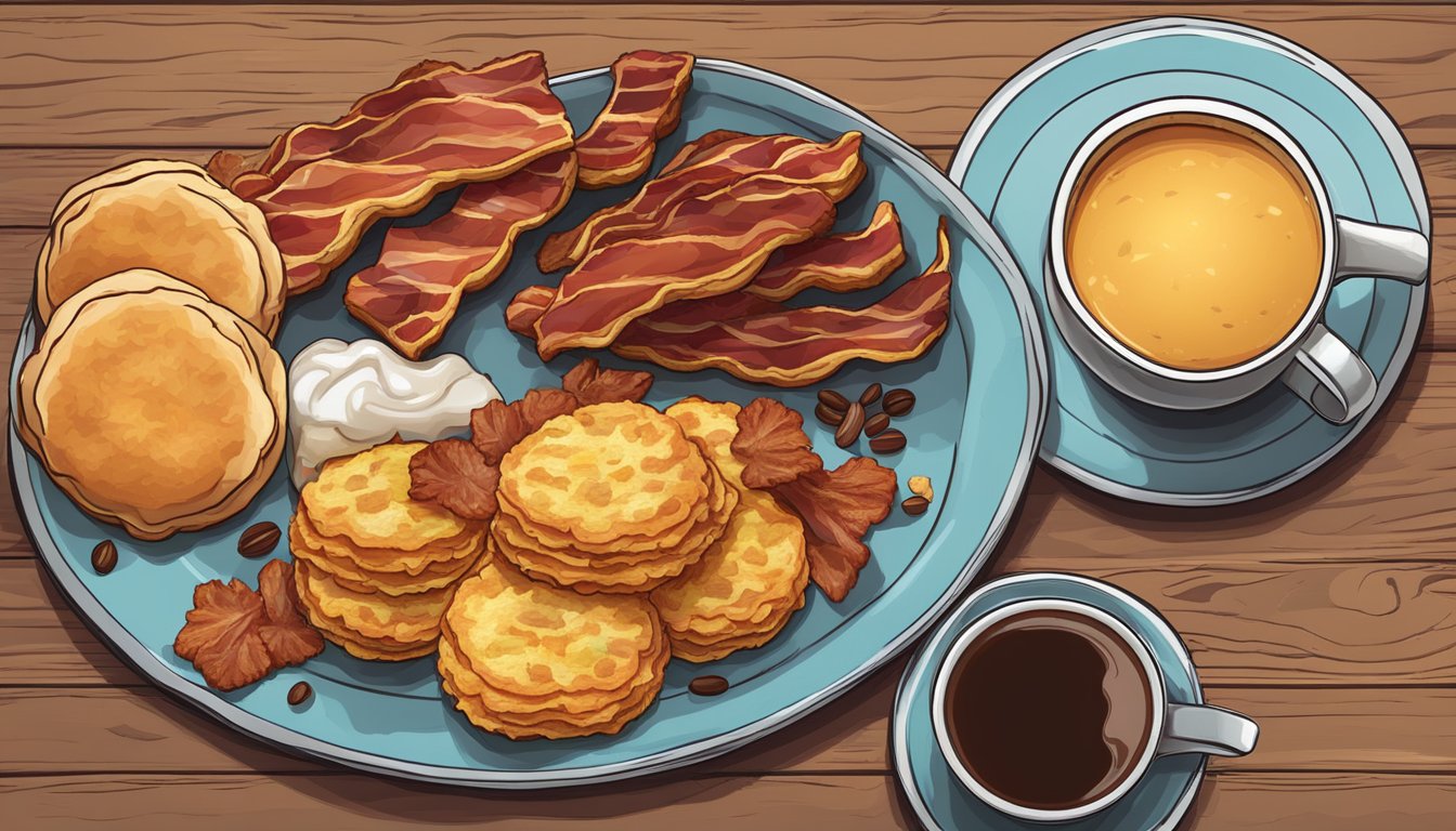 A vibrant breakfast spread with sizzling bacon, fluffy biscuits, golden hash browns, and steaming coffee on a rustic wooden table