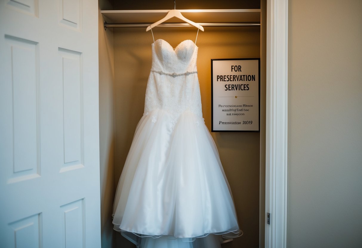 A wedding dress hanging in a closet with a sign for preservation services