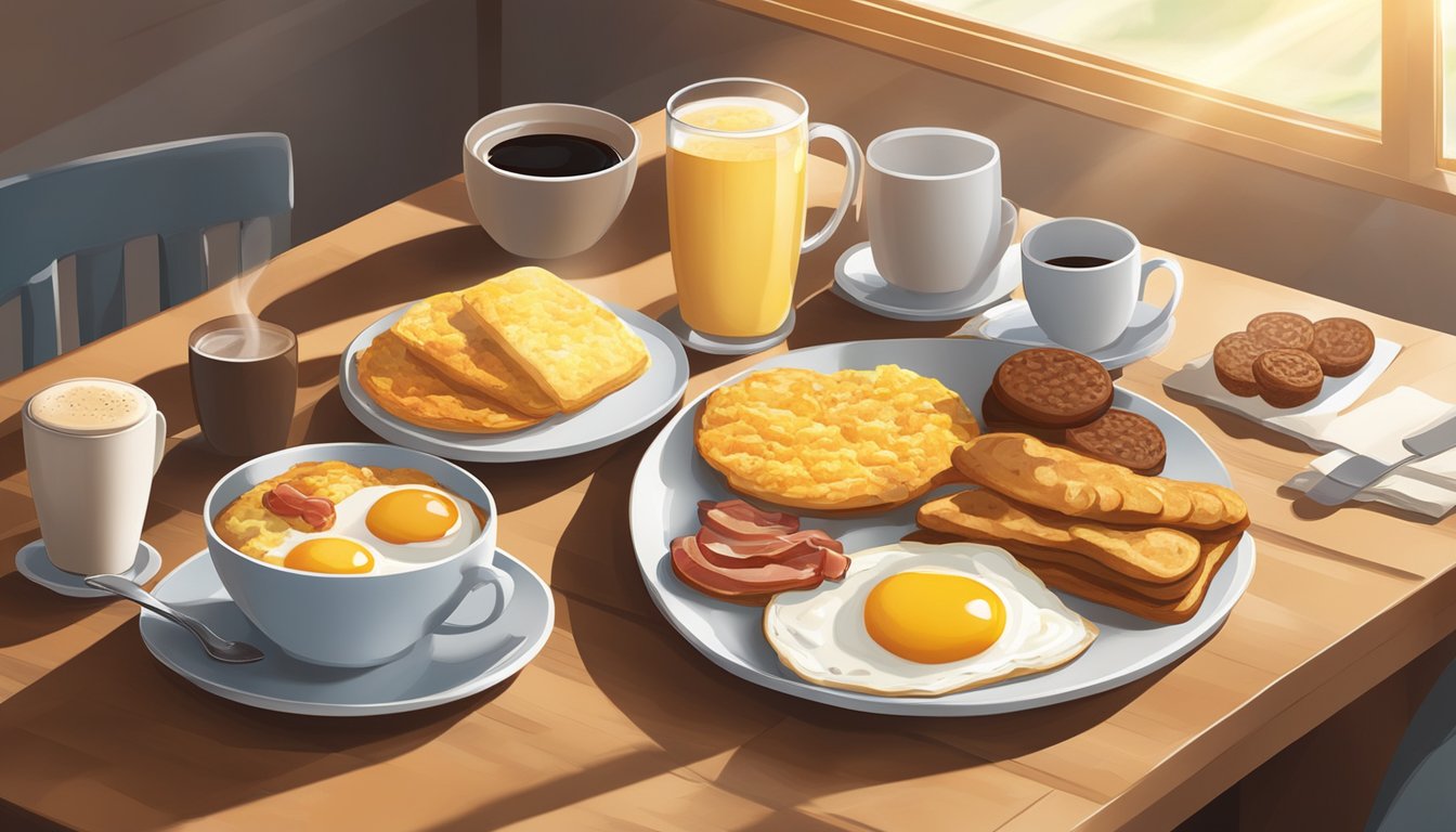 A table set with a variety of breakfast items including biscuits, eggs, bacon, sausage, hash browns, and coffee. Sunlight streams through a window, casting warm light on the spread