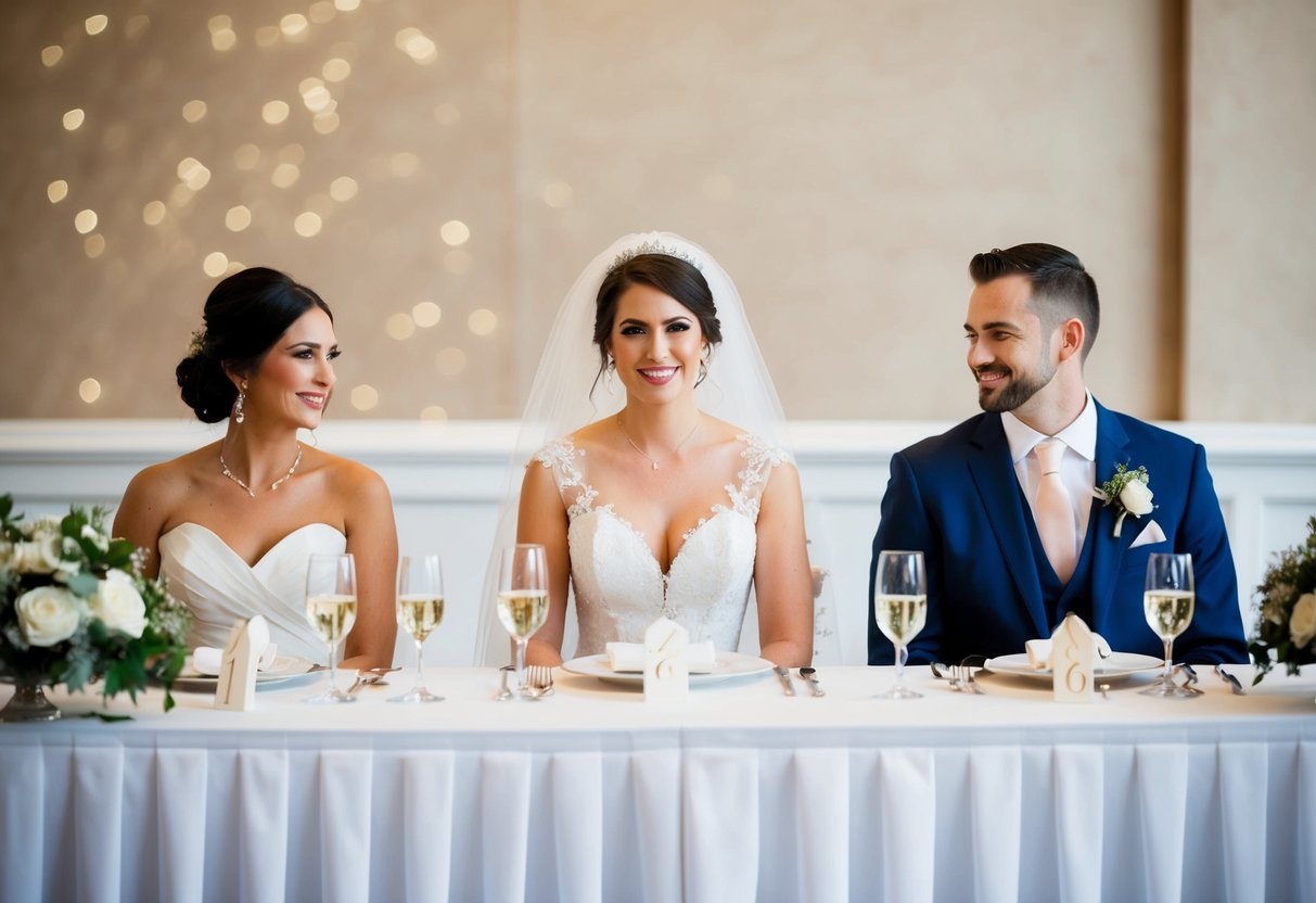 The bride sits in the center of the top table, flanked by the groom on her right and the maid of honor on her left