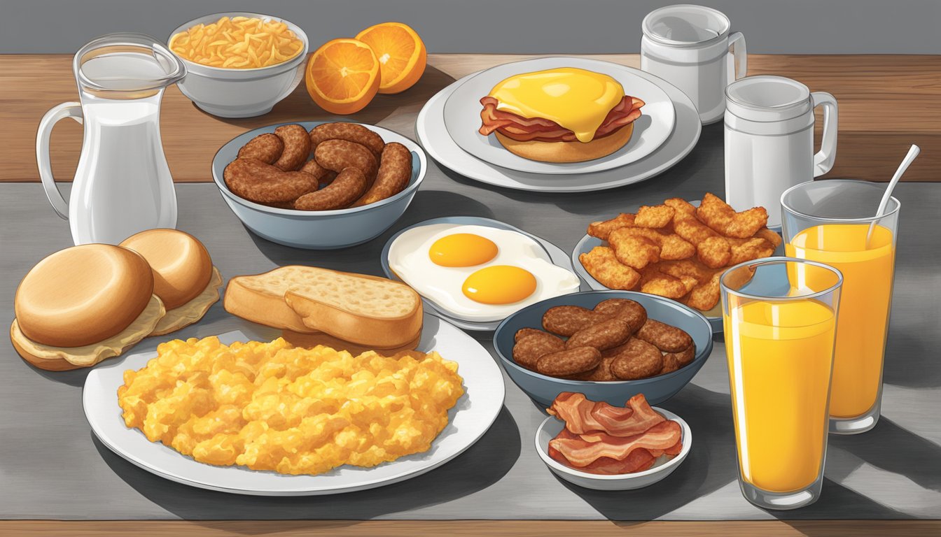 A table with a spread of Hardee's breakfast items: biscuits, eggs, bacon, sausage, hash browns, and orange juice