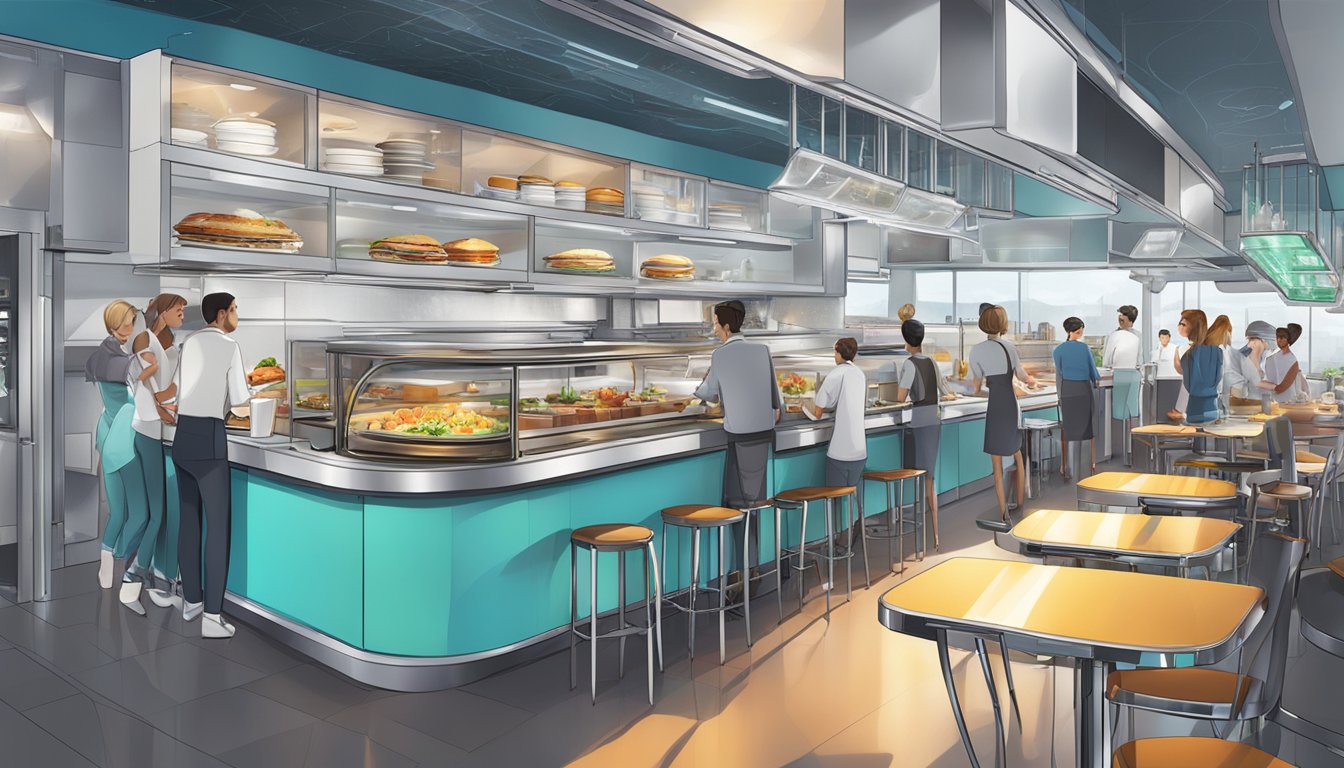 A bustling breakfast restaurant with futuristic technology, automated cooking stations, and innovative food displays