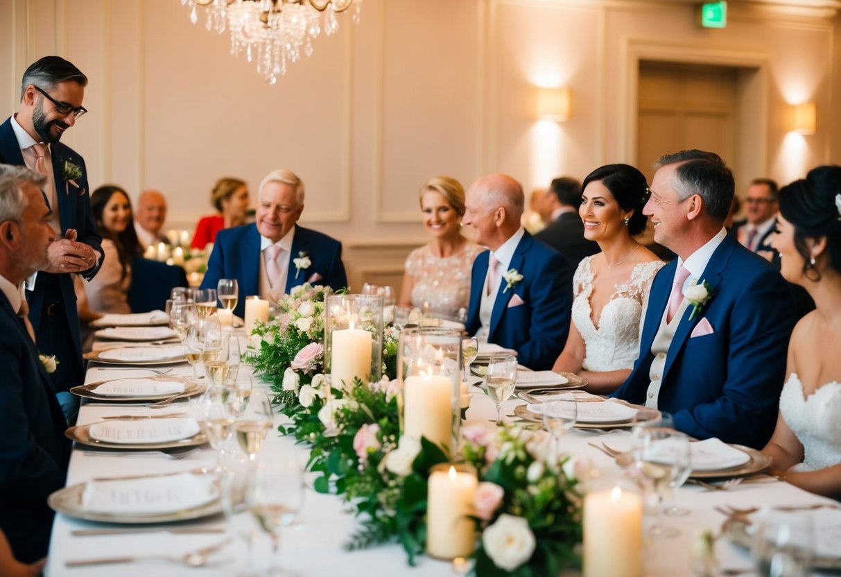 A wedding banquet, with a long top table, adorned with flowers and candles. Family members discuss seating arrangements, while the bride looks on, smiling