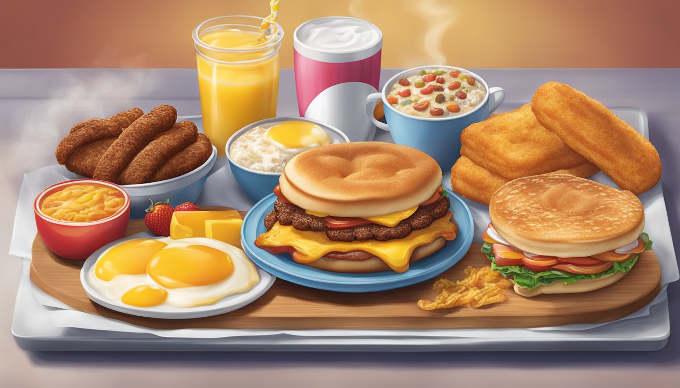 A steaming plate of Hardee's breakfast items arranged artistically with vibrant colors and textures