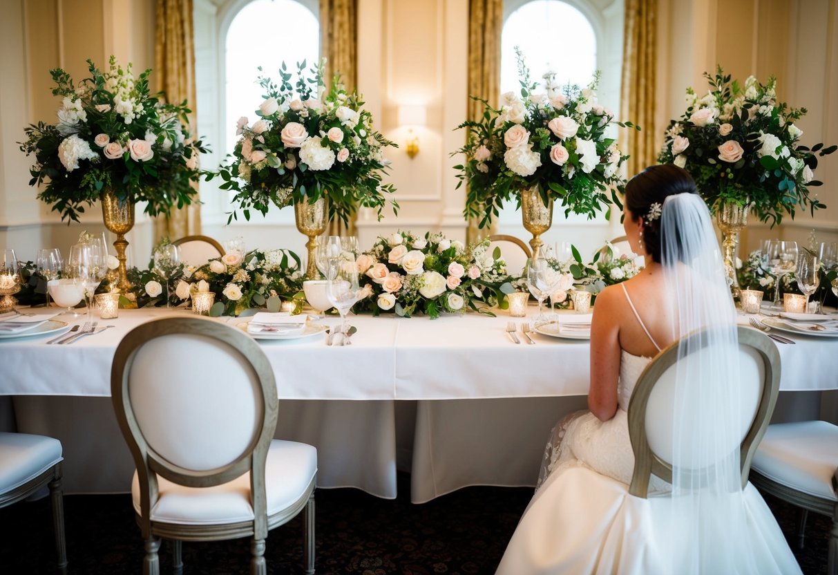 A beautifully decorated top table with an empty seat beside the bride, adorned with floral centerpieces and elegant place settings