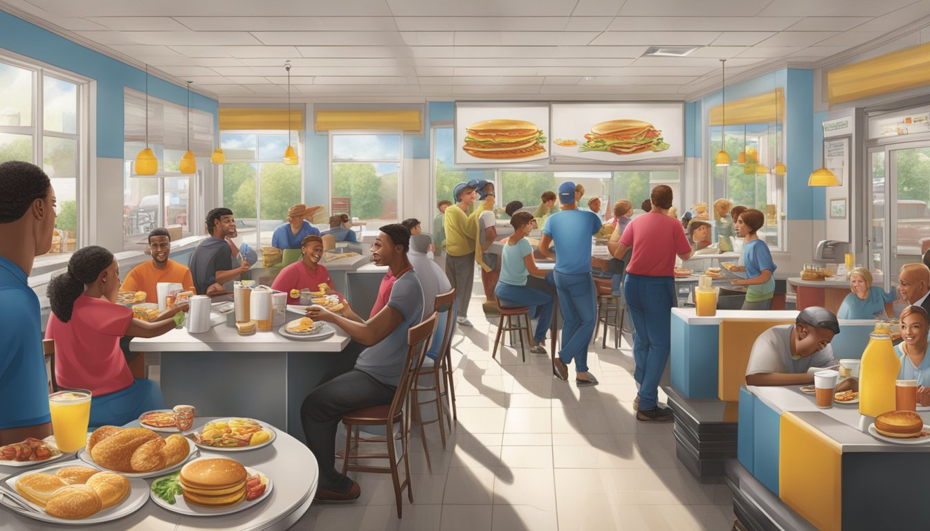 A bustling Hardee's breakfast scene with a server delivering plates and customers enjoying their meals