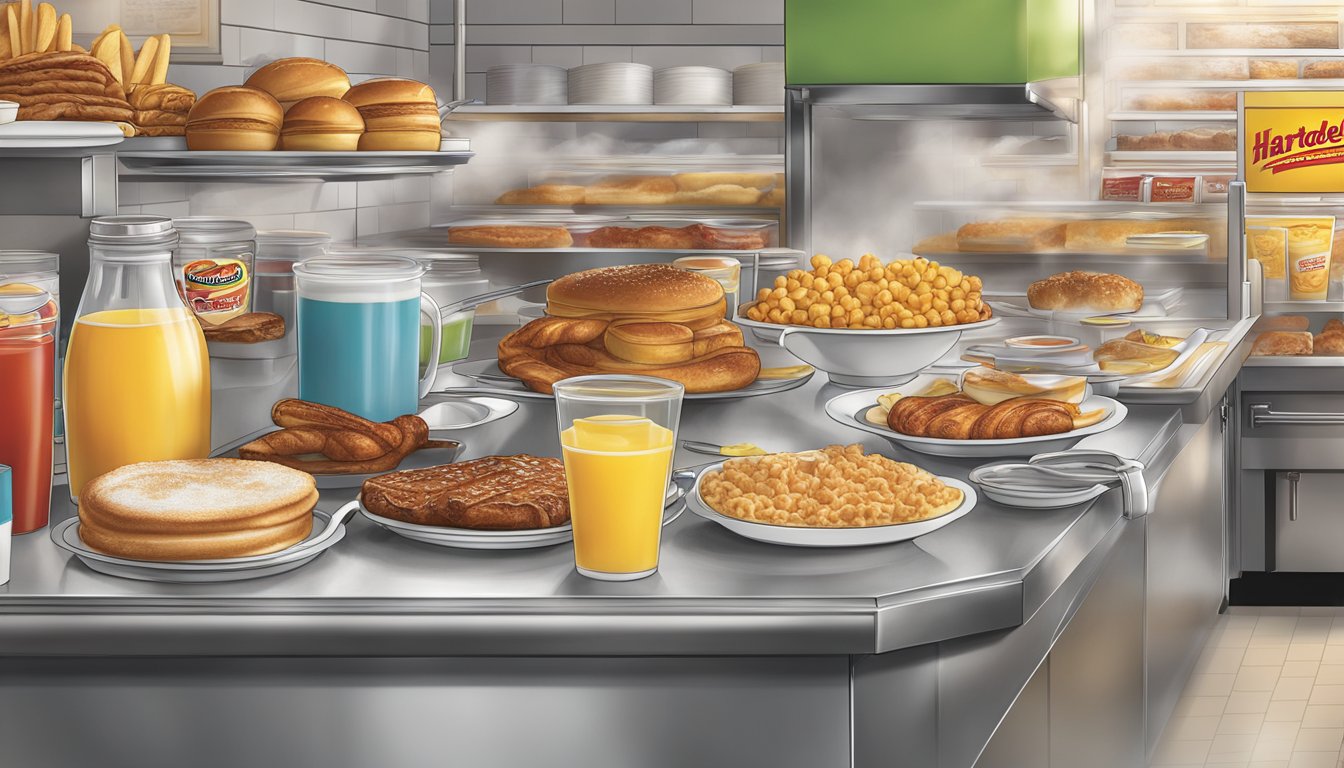 A bustling Hardee's breakfast scene with a variety of delicious food items displayed on a counter, with steam rising from freshly cooked dishes