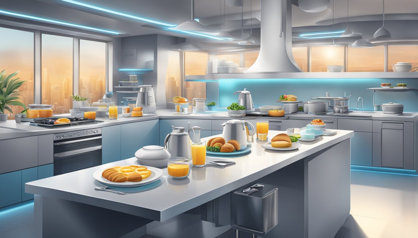 A futuristic breakfast scene with innovative food items and high-tech kitchen equipment