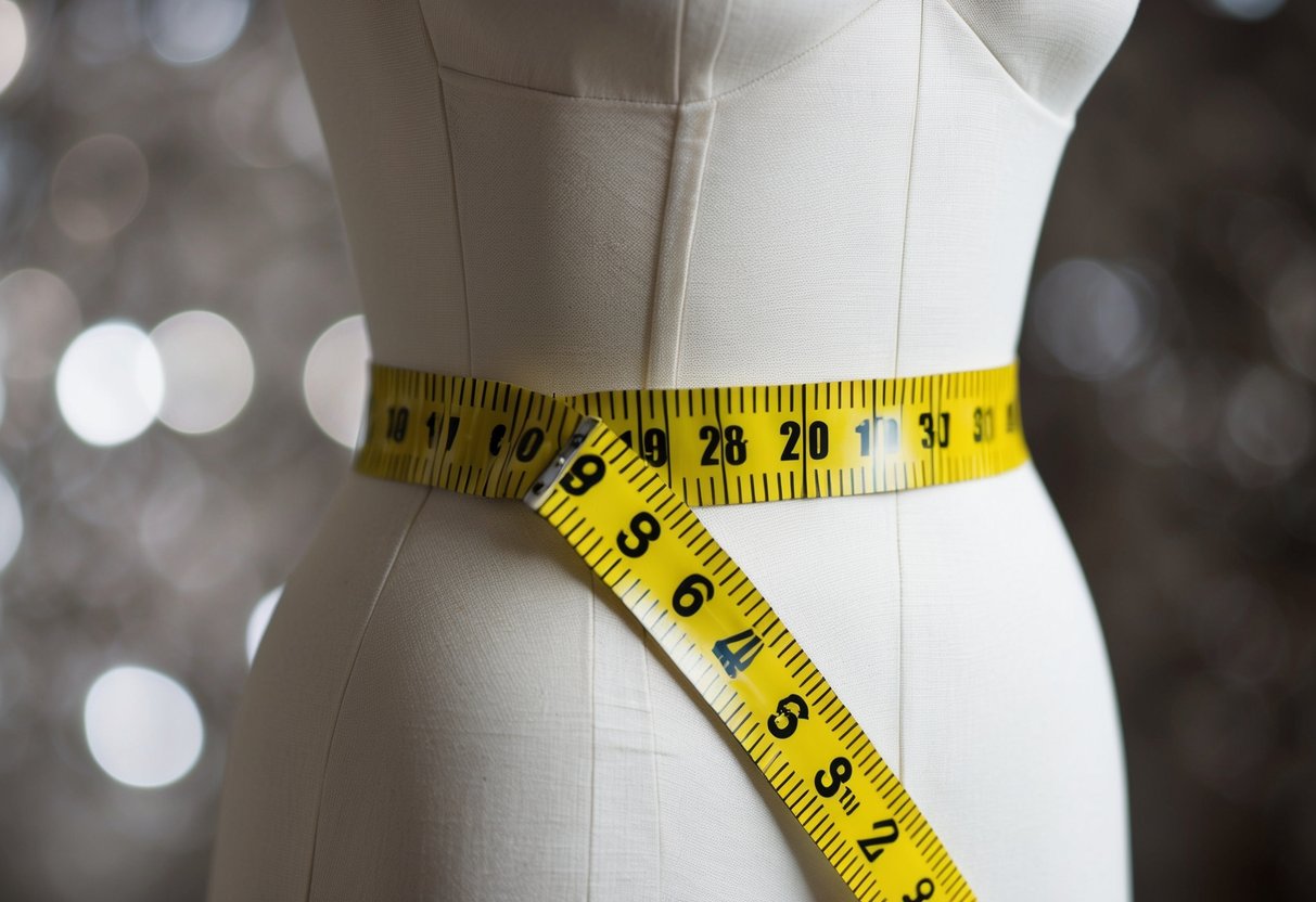 A tape measure wraps around a dress form, capturing the dimensions for a wedding gown