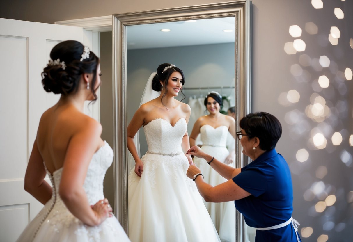 A bride trying on a wedding dress, standing in front of a mirror, while a seamstress adjusts the fit