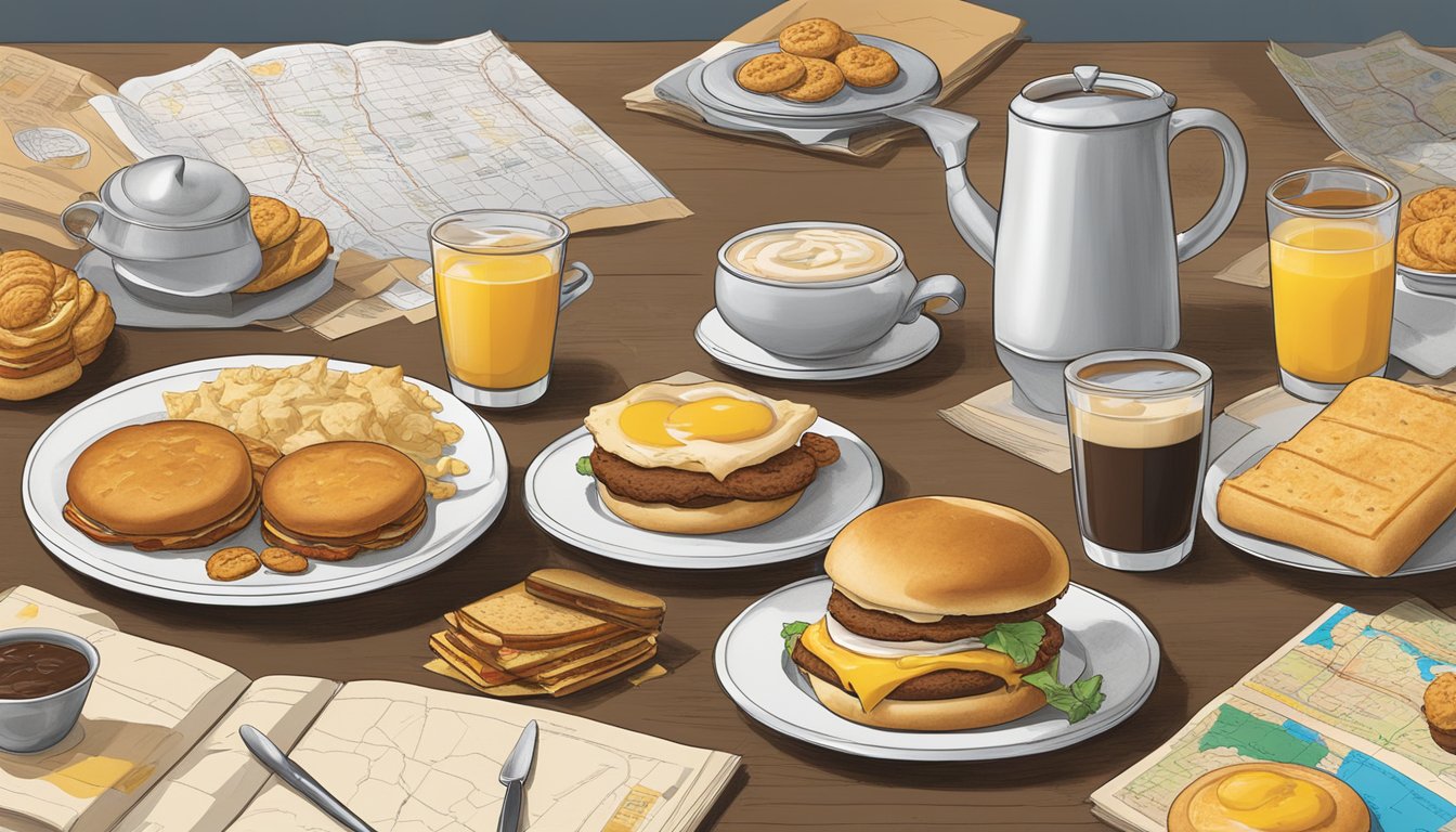 A table with regional breakfast items from Hardee's, including biscuits, gravy, and various breakfast sandwiches, surrounded by maps and linguistic research materials