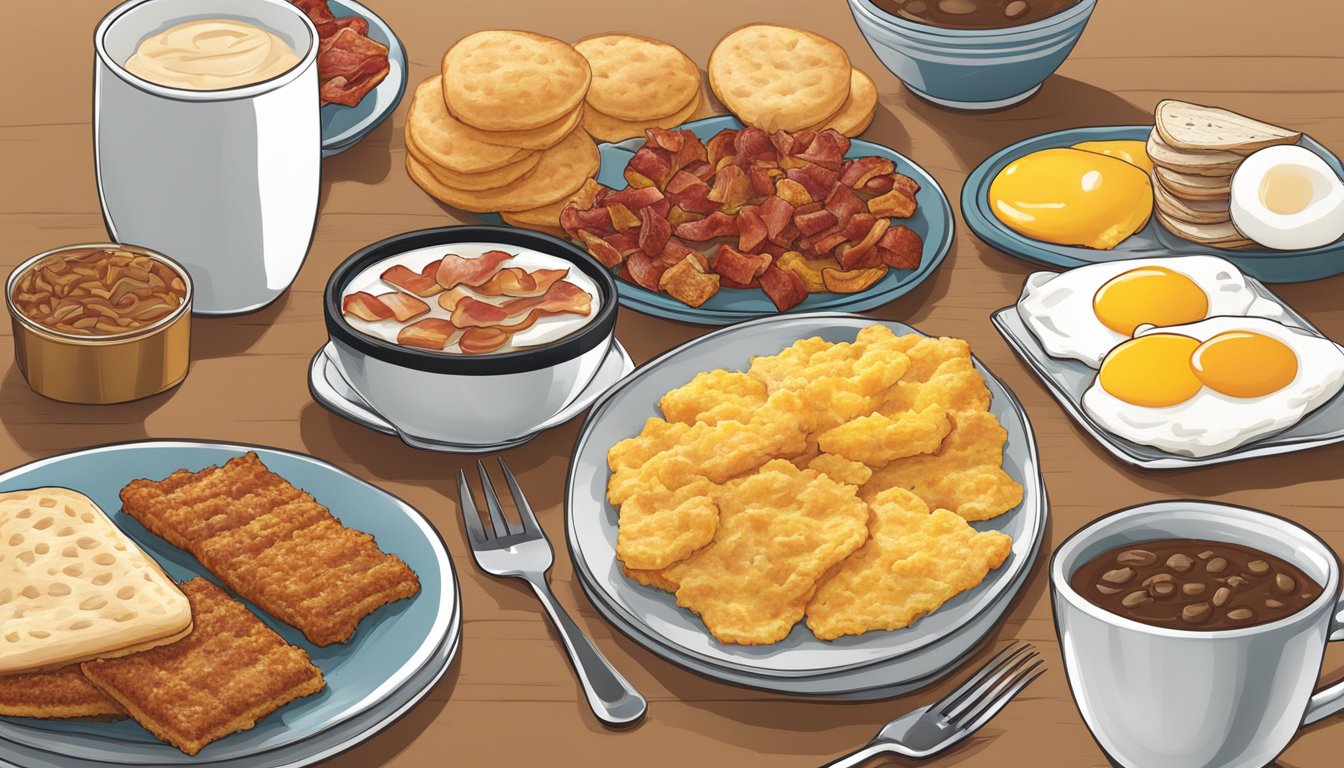 A table set with a spread of Hardee's breakfast items, including biscuits, bacon, eggs, and hash browns, with regional variations labeled