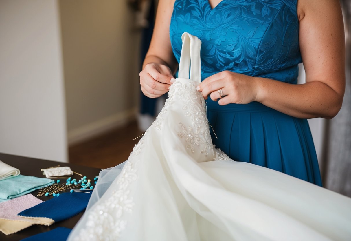 A wedding dress being adjusted by a seamstress, with pins and fabric swatches scattered on a table
